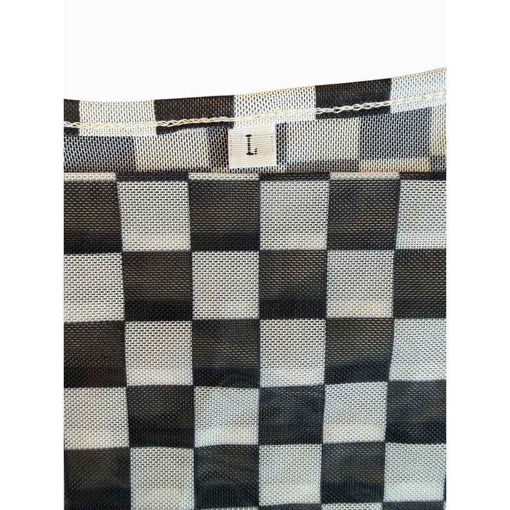 Women's L Black White Checkerboard Sheer Mesh Long Sleeve Crop Top Y2K - Picture 5 of 5